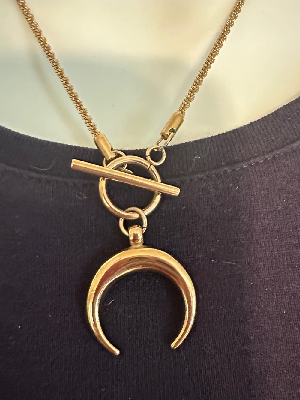 Gold Tone Crescent Pendant Necklace with Toggle Clasp